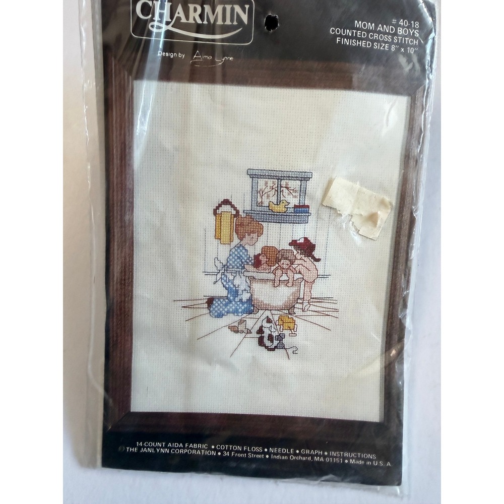 VTG Bathtime Cross Stitch Kit Mom w/Boys 8x10 Bathroom Decor Cottagecore